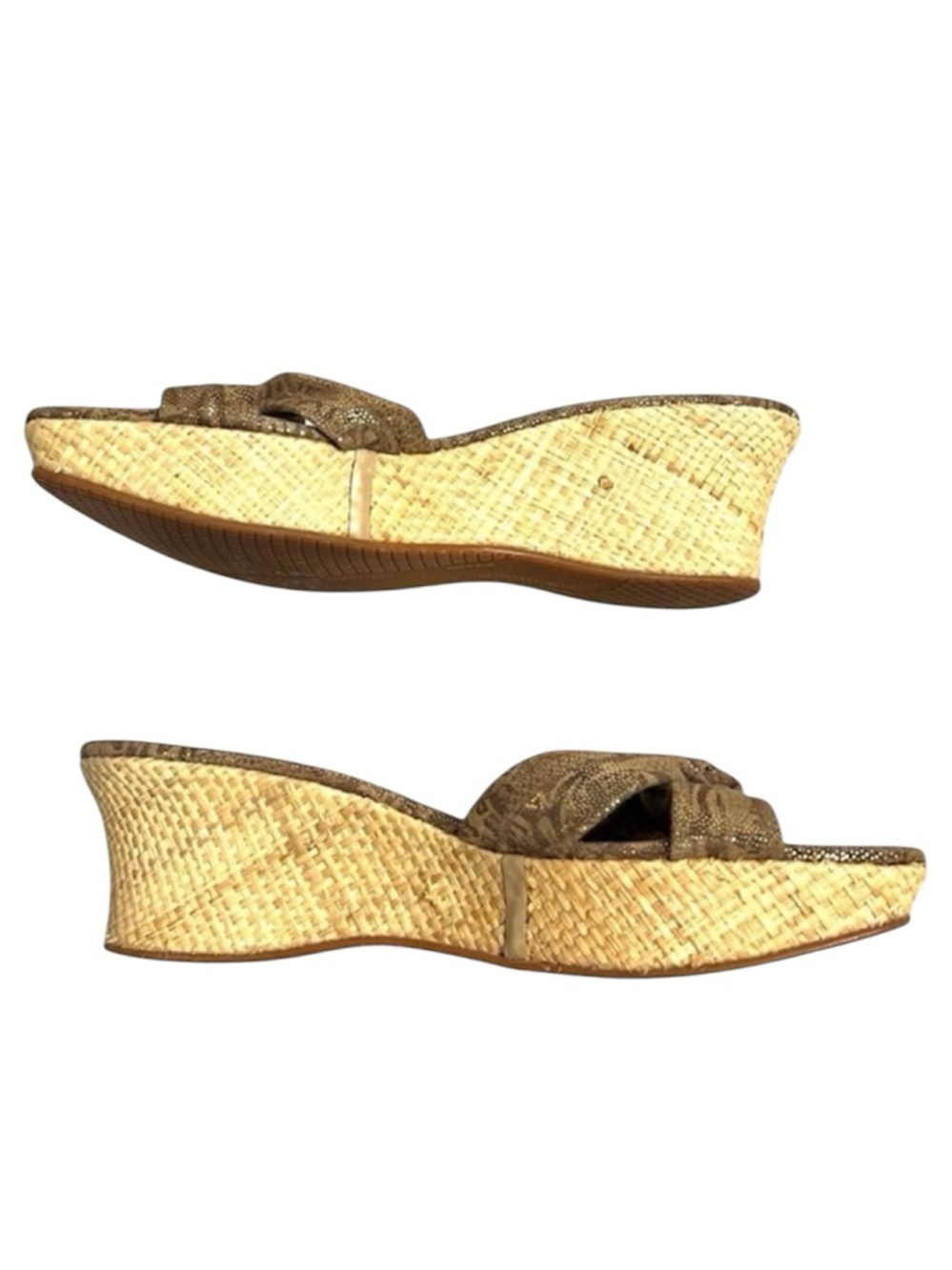 Stuart Weitzman Woven Straw Wedge Sandals 8.5M Metallic Leather Bow 3” Heel